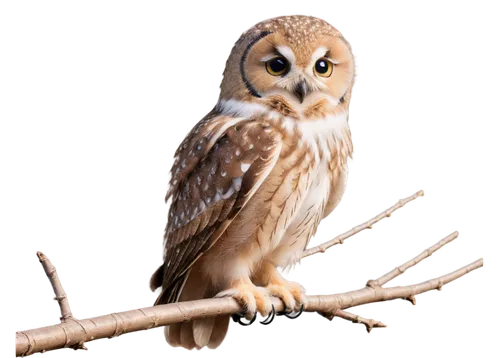 Cute owl, white feathers, big round eyes, small beak, fluffy wings, perched on branch, solo, morning sunlight, soft focus, warm color tone, 3/4 composition, shallow depth of field, cinematic lighting.