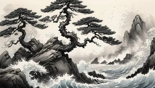 whirlwinds,sea storm,waterfall,wave wood,black pine,crashing waves,pine tree,water scape,maelstrom,tidal wave,ocean waves,rapids,swampy landscape,water waves,flowing water,wild water,cliffsides,an island far away landscape,waterfalls,stormy sea,Illustration,Paper based,Paper Based 30