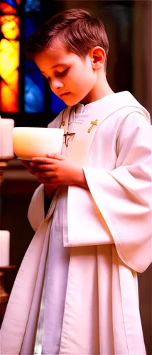 Holy water, priest, white robe, golden cross, innocent baby, gentle hands, soft smile, candlelight, stained glass window, dim church interior, warm colors, shallow depth of field, 3/4 composition, sof