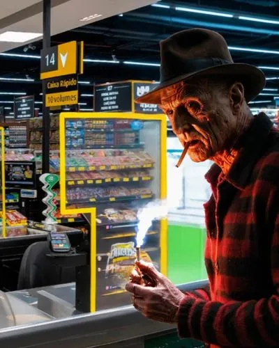 freddy krueger fumando  no  supermercado , 4k ,an older man smokes a cigarette in a supermarket,cashier,vendor,edeka,heijn,computer store,cashiering