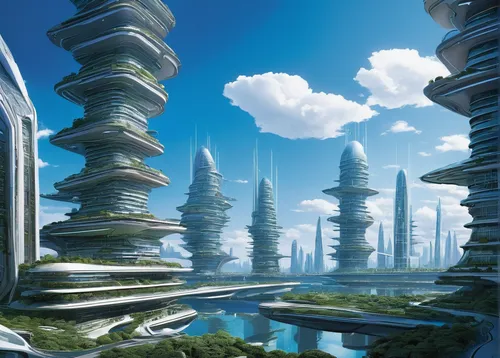 futuristic landscape,futuristic architecture,terraforming,alien world,utopian,ancient city,fantasy city,alien planet,fantasy landscape,valerian,futuristic,scifi,pillars,sci fiction illustration,sky space concept,mushroom landscape,sci-fi,sci - fi,sci fi,metropolis,Illustration,American Style,American Style 12