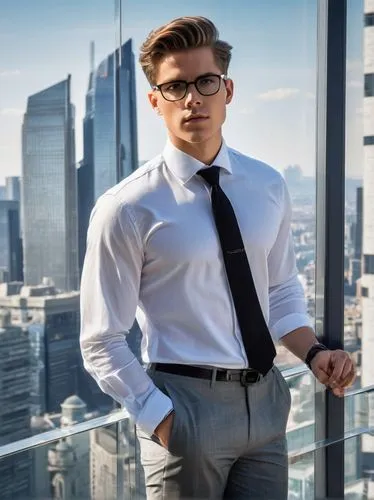 Male, young adult, serious expression, black-rimmed glasses, short brown hair, white shirt, dark blue tie, grey trousers, black dress shoes, holding a rolled-up architectural drawing, standing in fron