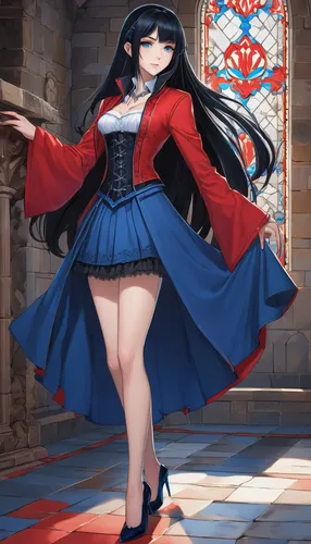 An anime-style vampire who appears to be 17 years old, with long black hair, blue eyes, 1.7 meters and 50 kg, with red clothes, wearing a skirt and high heels in a castle hall,hamearis lucina,erika,fa