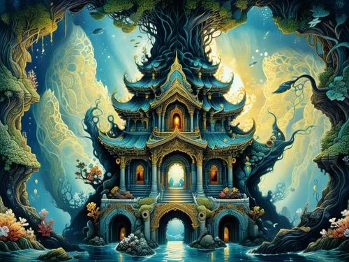 amazing fractal,a beautiful painting of an outdoor shrine next to the water,fairy tale castle,orchestrion,fairy house,fantasy art,witch's house,fairy village,fantasy picture,fablehaven,3d fantasy,fant