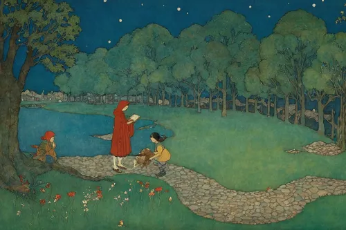 khokhloma painting,woman at the well,happy children playing in the forest,night scene,radha,girl on the river,girl lying on the grass,ramayana,children studying,indian art,girl with tree,hunting scene,janmastami,village scene,ramayan,idyll,persian poet,girl in the garden,bansuri,the descent to the lake,Illustration,Retro,Retro 17