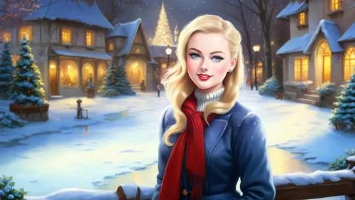 Romantic masterpiece oil painting, cute girl portrait, nostalgic 1950's style kitsch, breathtaking beautiful winter kingdom landscape, majestic fantasy scenery, evening lighting, highly detailed highr