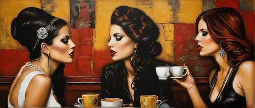 women at cafe,woman at cafe,woman drinking coffee,oil painting on canvas,the coffee shop,coffee shop,coffeehouse,coffe-shop,coffee tea illustration,parisian coffee,cups of coffee,art painting,coffee zone,oil painting,meticulous painting,coffeemania,coffee art,pin up girls,tearoom,coffee break,Illustration,Realistic Fantasy,Realistic Fantasy 10