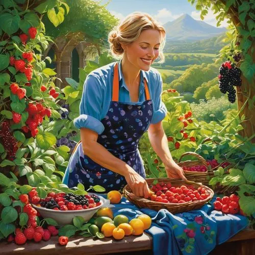 provender,fruit picking,girl picking apples,cherry tomatoes,grape tomatoes,gleaning,washing vegetables,picking vegetables in early spring,mercadante,fresh berries,ireland berries,johannsi berries,vegetables landscape,tomatos,cherries,summer fruits,hildebrandt,verduras,agricultural,girl in the kitchen,Conceptual Art,Fantasy,Fantasy 04