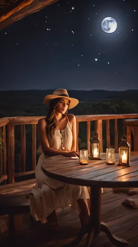 arafed woman sitting on a deck with a hat on and a table, sitting on a moon, moonlit night dreamy atmosphere, the moon behind her, looking at the full moon, with full moon in the sky, at night with fu