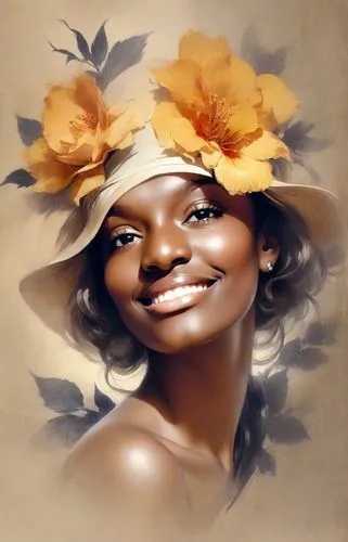 rolf armstrong style, woman drawn in single line, simple design, flowers
,a woman is smiling while wearing a flower in her hat,oshun,leontyne,gele,lachanze,beautiful bonnet,yellow sun hat,Photography,