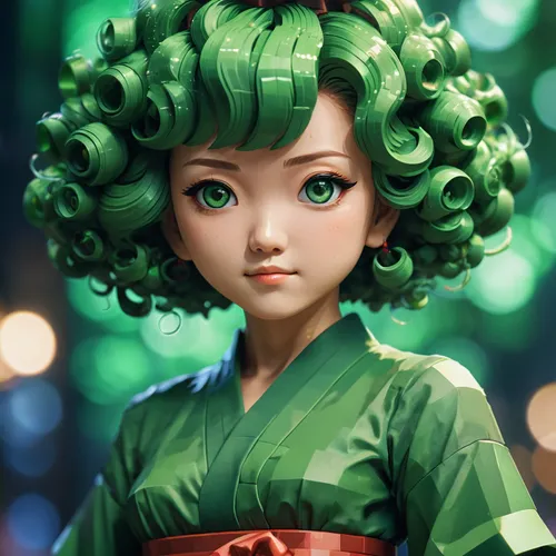 masterpiece, pixel art, Tatsumaki,japanese doll,the japanese doll,emerald,kotobukiya,kokeshi doll,green paprika,kokeshi,medusa,hanbok,medusa gorgon,malachite,wasabi,female doll,melonpan,chuka wakame,a