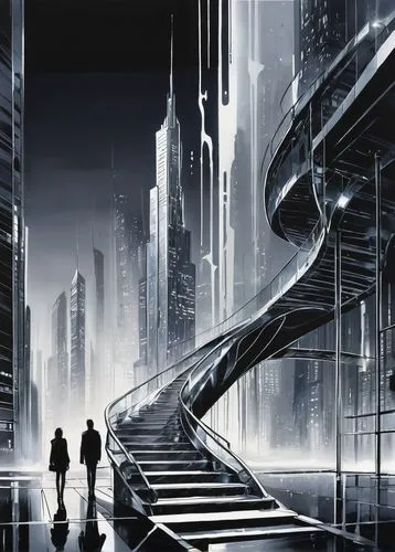 futuristic landscape,cybercity,arcology,futuristic architecture,futurists,sci fiction illustration,futuristic,cybertown,metropolis,futurist,neuromancer,cyberport,polara,scifi,sci - fi,futuregen,cyberworld,skybridge,jablonsky,dystopian,Illustration,Black and White,Black and White 34