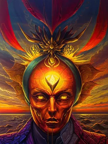 painting of a man with the head of a bird on his forehead and other strange things behind him,lateralus,akhnaten,third eye,samuil,sun god,oracular,Illustration,Realistic Fantasy,Realistic Fantasy 25