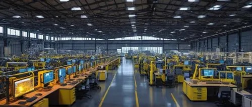 Industrial manufacturing facility, modern factory building, steel structure, numerous windows, complex network infrastructure, routers, switches, firewalls, intrusion detection systems, access control