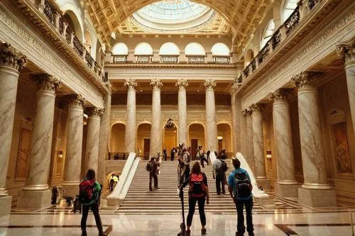 National Architecture Museum, Washington D.C., grand staircase, marble floors, high ceilings, large glass windows, natural light, American neoclassicism style, stone columns, ornate details, visitors 