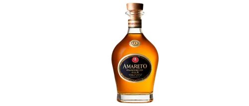 Bottle of Amaretto, liqueur, transparent glass, ornate label, golden liquid, almond flavor, Italian origin, luxury item, reflective surface, soft lighting, 3/4 composition, shallow depth of field, war