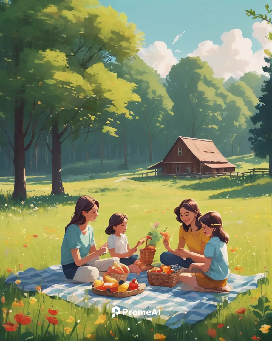 Illustrate a heartwarming scene of a family enjoying a picnic in a beautiful meadow.,picnic,family picnic,summer day,picnic basket,kids illustration,picnic table,children studying,summer meadow,summer