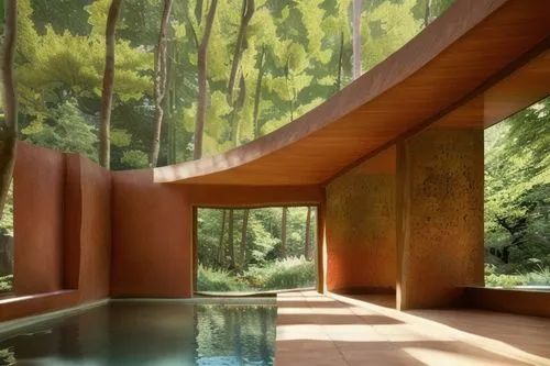 modernism terracotta coloured in site concrete pavilion in the woods, reflecting pool, large format glazing, warm light from inside
,corten steel,bamboo curtain,pool house,japanese architecture,landsc