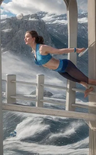 The camera captures a stunning masterpiece of a caucasian girl crafted from delicate fabrics and feathers. She wears a blue top hat and a white leggings as she jumps of a powerful bridge. She stretche