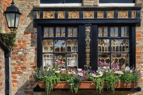 Winchelsea architectural design, medieval town, half-timbered Tudor-style buildings, steeply pitched roofs, ornate wooden doorways, floral patterned brick walls, narrow cobblestone streets, vintage la