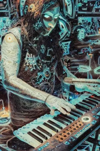 Rockman play piano,a digital painting of a girl playing a piano,synthesizer,synthesist,synths,synthesize,synthesizers,synthesized,synth,medeski,organozinc,arpeggiator,keyboardists,wakeman,synthesiser,