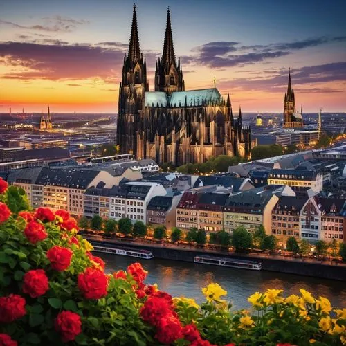 Cologne's old town architecture, Romanesque style, ornate facades, Gothic spires, red brick buildings, cobblestone streets, narrow alleys, vibrant flower boxes, traditional German restaurants, wooden 