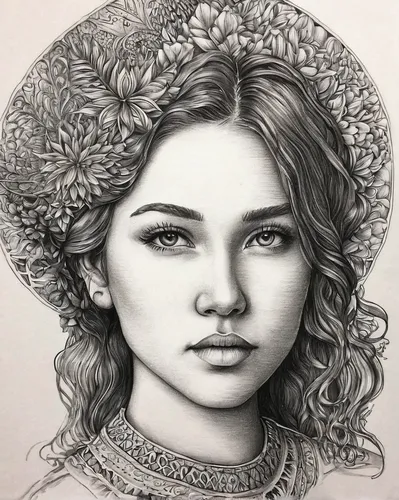 girl portrait,pencil drawing,portrait of a girl,girl in flowers,girl in a wreath,pencil art,girl drawing,rose flower drawing,rose drawing,mystical portrait of a girl,graphite,pencil and paper,hydrangea,rose flower illustration,fantasy portrait,pencil drawings,charcoal pencil,charcoal drawing,boho art,girl wearing hat,Illustration,Retro,Retro 24