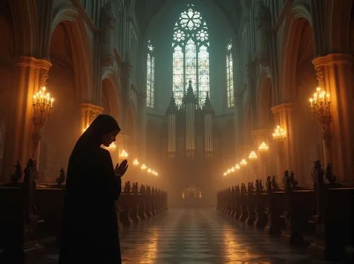 Grand, ornate cathedral, Gothic style, stained glass windows, intricate stone carvings, vaulted ceilings, mysterious ambiance, soft warm lighting, misty atmosphere, eerie silence, solitary figure, pri