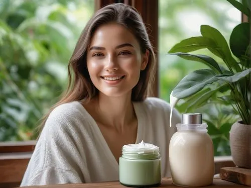 Moisturizing skincare routine, beautiful woman, 25yo, healthy glowing skin, rosy cheeks, subtle makeup, gentle smile, relaxed posture, sitting on a plush couch, surrounded by lush green plants, calm a