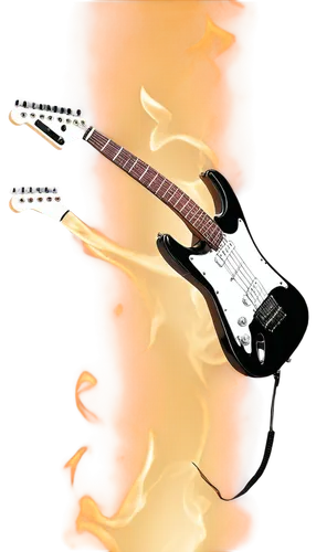 Electric guitar, sound wave, music equipment, amplifier, speaker, cable, metal body, shiny surface, knobs and buttons, pickups, headstock, strings, rockstar pose, hands holding guitar, fingers pressin