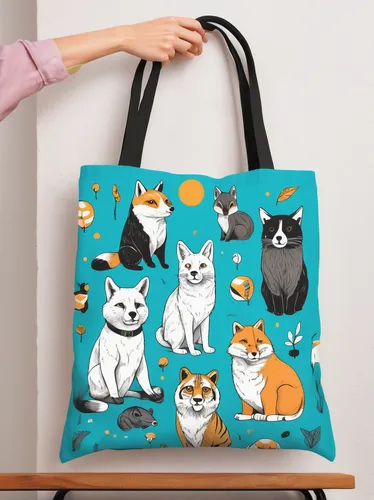 Create a playful tote bag featuring cute animal illustrations.,shopping bags,tote bag,shopping bag,gift bag,gift bags,cat vector,laptop bag,eco friendly bags,shopping icons,cat supply,grocery bag,busi