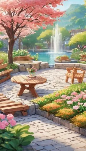 sakura background,japanese sakura background,spring background,springtime background,garden bench,beauty scene,cartoon video game background,landscape background,flower background,background design,background with stones,idyllic,background screen,backgrounds,park bench,april fools day background,flower garden,scenery,3d background,scenically,Illustration,Japanese style,Japanese Style 01