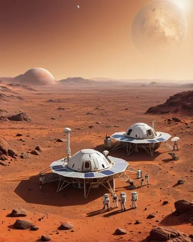 Mars exploration base, futuristic, human settlement, astronaut, spacesuit, helmet, oxygen tank, backpack, robotic arm, Mars rover, solar panels, habitat module, inflatable habitat, life support system