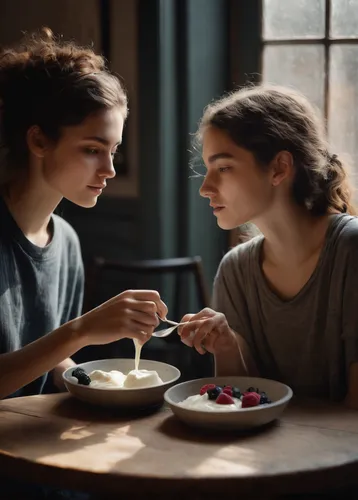 Create a dialogue between two friends discussing the health benefits of yoghurt.,young couple,vintage boy and girl,hands holding plate,girl with cereal bowl,romantic scene,mystic light food photograph