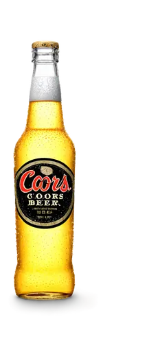 Coors beer bottle, transparent glass, silver label, golden beer liquid, condensation droplets, frosty, cold, softbox lighting, shallow depth of field, 3/4 composition, realistic, high-resolution, prod