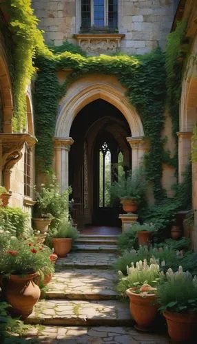 French Chateau, medieval style, grandiose, stone walls, stained glass windows, pointed towers, red terracotta roofs, lush green vines crawling up walls, intricate carvings, ornate doorways, fountain i