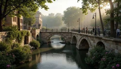 Rustic stone bridges, ornate archways, intricately carved stonework, medieval-inspired architecture, grandiose scale, majestic river crossings, lush greenery surroundings, misty morning atmosphere, wa