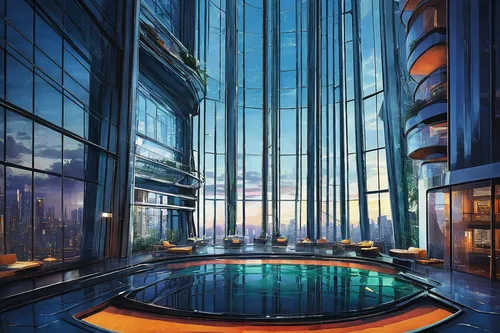 largest hotel in dubai,aqua studio,infinity swimming pool,futuristic architecture,glass building,hyatt hotel,tallest hotel dubai,luxury hotel,glass facade,hotel barcelona city and coast,glass wall,hotel riviera,oasis of seas,sky space concept,diamond lagoon,glass facades,futuristic landscape,penthouse apartment,lotte world tower,hotel complex,Illustration,Japanese style,Japanese Style 21