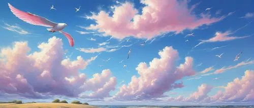 bird in the sky,sky,hot-air-balloon-valley-sky,flying birds,sky rose,clouds - sky,bird kingdom,sky clouds,kites,flying seeds,sky butterfly,skyscape,birds flying,summer sky,birds in flight,flock of birds,fantasy landscape,pink quill,blue sky clouds,wind,Art,Artistic Painting,Artistic Painting 05