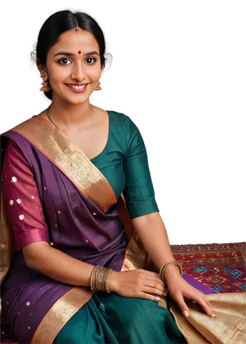 Indian woman, traditional clothing, bindi on forehead, dark hair, hoop earrings, nose ring, colorful sari, draped over shoulder, bare feet, floor seating, hands in lap, gentle smile, warm lighting, so