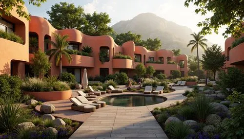 Vibrant curvaceous buildings, bold sculptural forms, undulating rooftops, lush green roofs, overflowing flower boxes, dripping water features, organic natural materials, earthy color palette, abstract