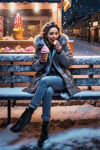 a woman wearing winter coat and pants, sitting on a snowy bench beside an ice-cream stall, eating ice-cream, blushing, happy, heavy snow, night, masterpiece, 8k,woman with ice-cream,frozen yogurt,woma