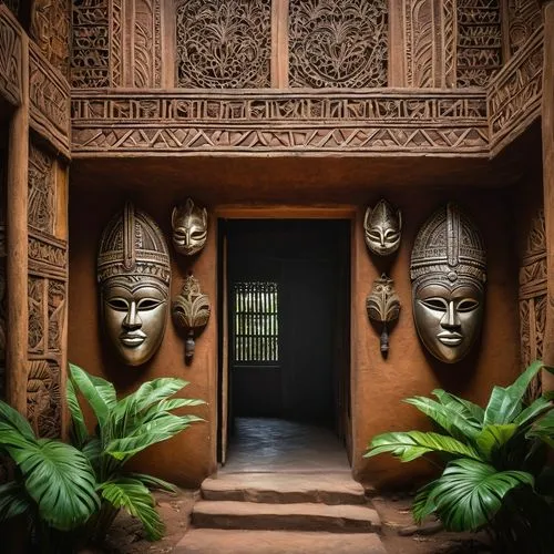 A two story tropical hotel. Ethnic masks on the wall. ,entrances,house entrance,doorkeepers,main door,carved wall,entranceway,front door,polyneices,doorways,entryway,doorway,garden door,entranceways,c