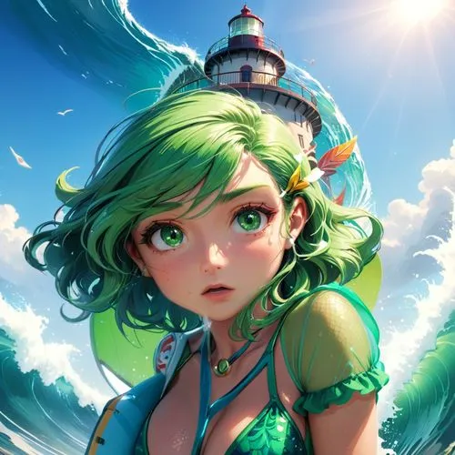 looking up, green bikini; surfing, head in bubble,emerald sea,mermaid background,nami,sea fantasy,green mermaid scale,the sea maid,marina,emerald,ocean,at sea,sea,the wind from the sea,candy island gi