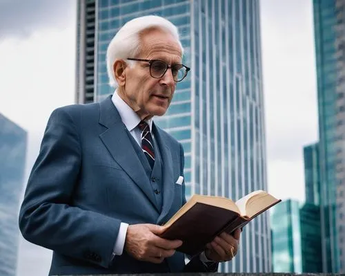 Kenneth Frampton, modern architecture, a critical history, architectural critic, bespectacled, white hair, suit, tie, holding a book, standing in front of a skyscraper, cityscape, urban landscape, ste