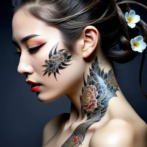 for image generation: "Create an illustration in the traditional Japanese art style of a woman with long, dark hair. Her body should be partially covered in colorful, intricate tattoos featuring flora