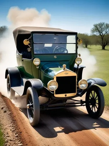 The Ford (Model T) chugs through a Texan landscape, its dark green exterior reflecting the bright sunlight. The intricate details of the old car impress the expert, while the hood looks quite rusty. S