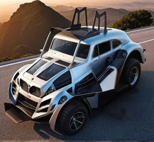 same tire a little bigger and a little separate from the car,an electric buggy is on the road while the sun is going down,supertruck,citroen 2cv,off-road car,subaru rex,4x4 car,smartruck