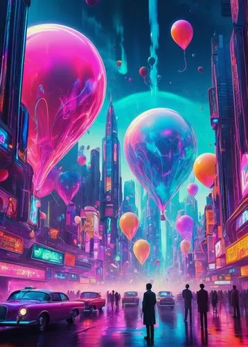 futuristic landscape,cyberpunk,futuristic,fantasy city,colorful balloons,colorful city,cyberspace,spheres,scifi,vapor,metropolis,neon ghosts,fantasy world,ultraviolet,dream world,3d fantasy,world digital painting,sci fiction illustration,sci-fi,sci - fi,Conceptual Art,Sci-Fi,Sci-Fi 29