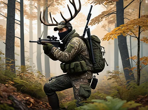 hunting simulator, realistic deer, camouflage outfit, hunter with rifle, aiming posture, dense forest environment, early morning mist, soft ambient light, 3/4 view, detailed foliage, rugged terrain, h